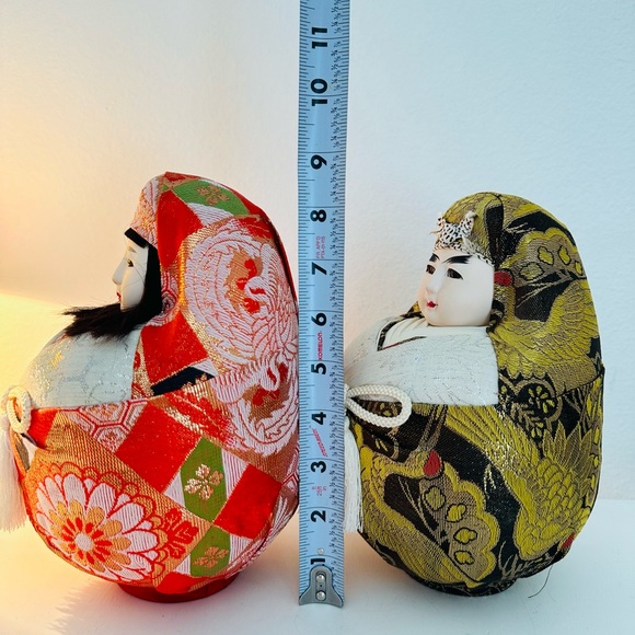 Vintage Japanese Dolls Daruma Hime Ningyo Pair Empress Jingu Handpainted  H 8.5” - Picture 8 of 9